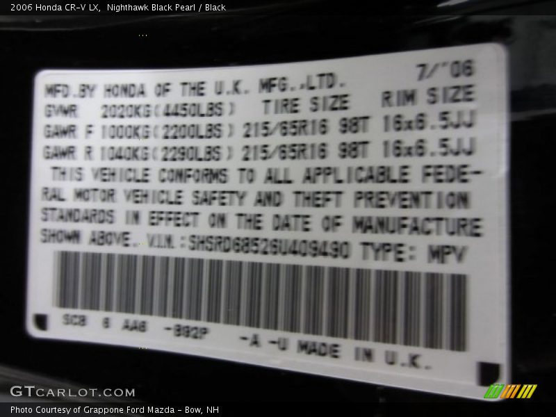 Nighthawk Black Pearl / Black 2006 Honda CR-V LX