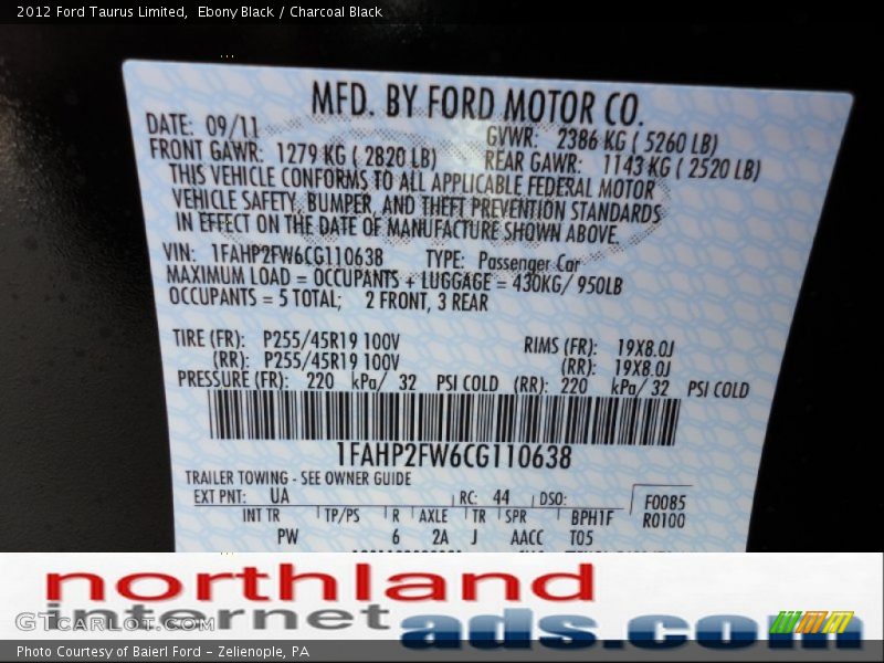 Ebony Black / Charcoal Black 2012 Ford Taurus Limited