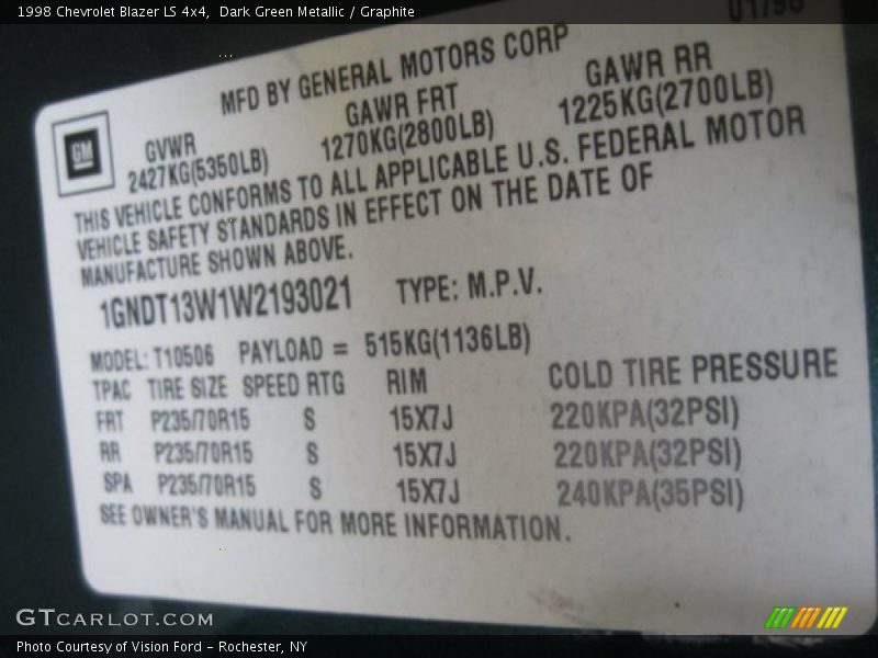 Dark Green Metallic / Graphite 1998 Chevrolet Blazer LS 4x4