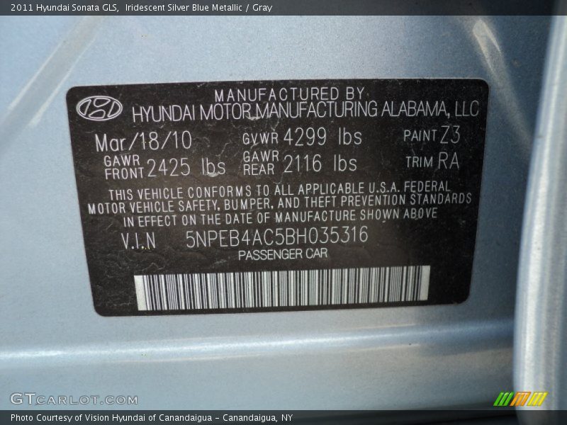 Iridescent Silver Blue Metallic / Gray 2011 Hyundai Sonata GLS