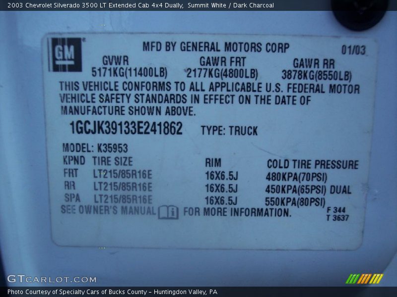 Info Tag of 2003 Silverado 3500 LT Extended Cab 4x4 Dually