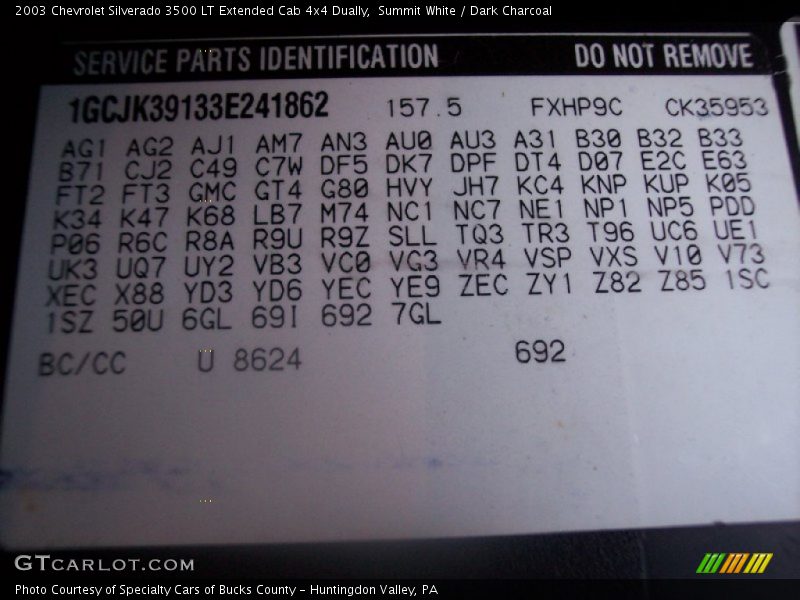 Info Tag of 2003 Silverado 3500 LT Extended Cab 4x4 Dually