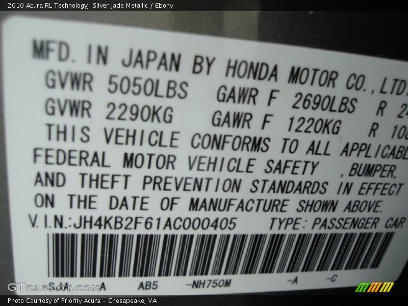 2010 RL Technology Silver Jade Metallic Color Code NH750M