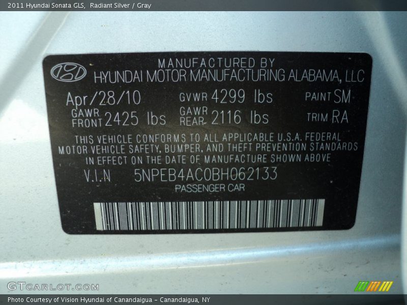 Radiant Silver / Gray 2011 Hyundai Sonata GLS