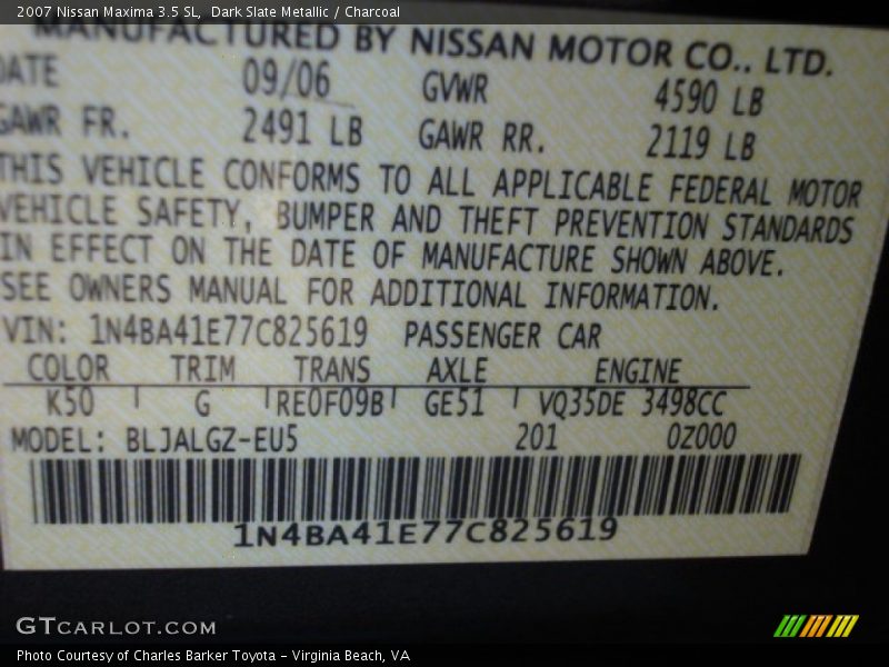 Dark Slate Metallic / Charcoal 2007 Nissan Maxima 3.5 SL