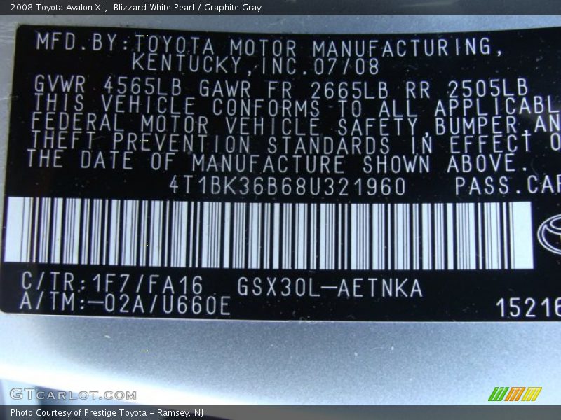 Blizzard White Pearl / Graphite Gray 2008 Toyota Avalon XL