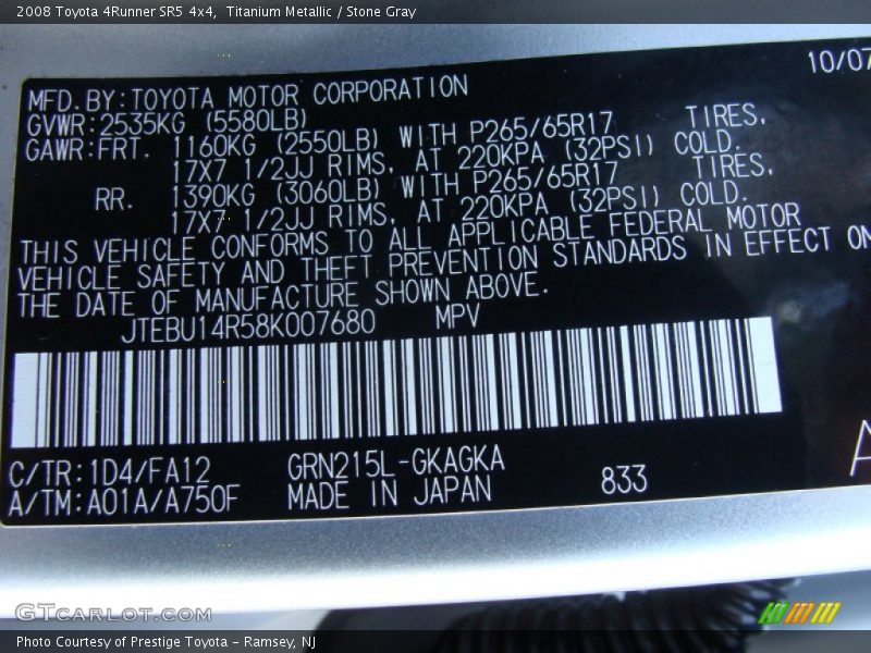Titanium Metallic / Stone Gray 2008 Toyota 4Runner SR5 4x4