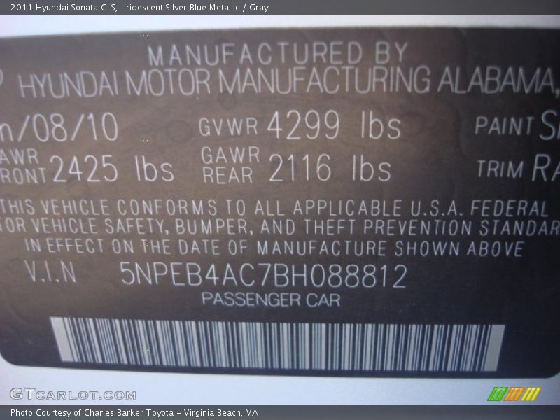 Iridescent Silver Blue Metallic / Gray 2011 Hyundai Sonata GLS