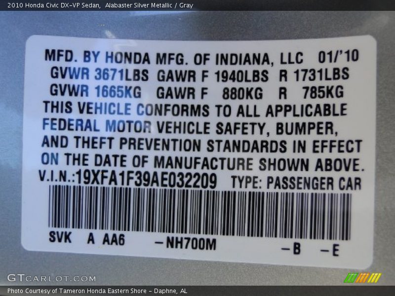 2010 Civic DX-VP Sedan Alabaster Silver Metallic Color Code NH700M