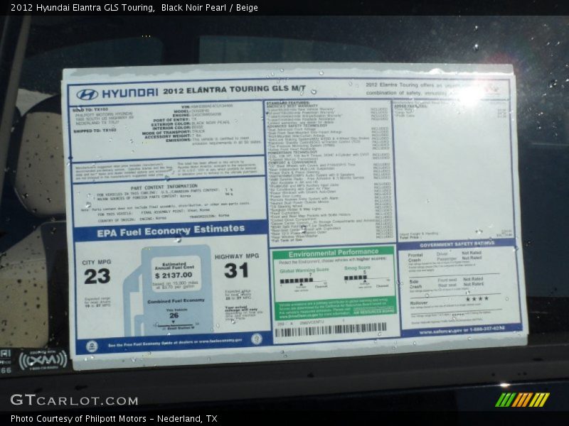  2012 Elantra GLS Touring Window Sticker