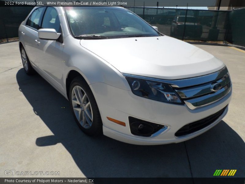 White Platinum Tri-Coat / Medium Light Stone 2012 Ford Fusion SEL