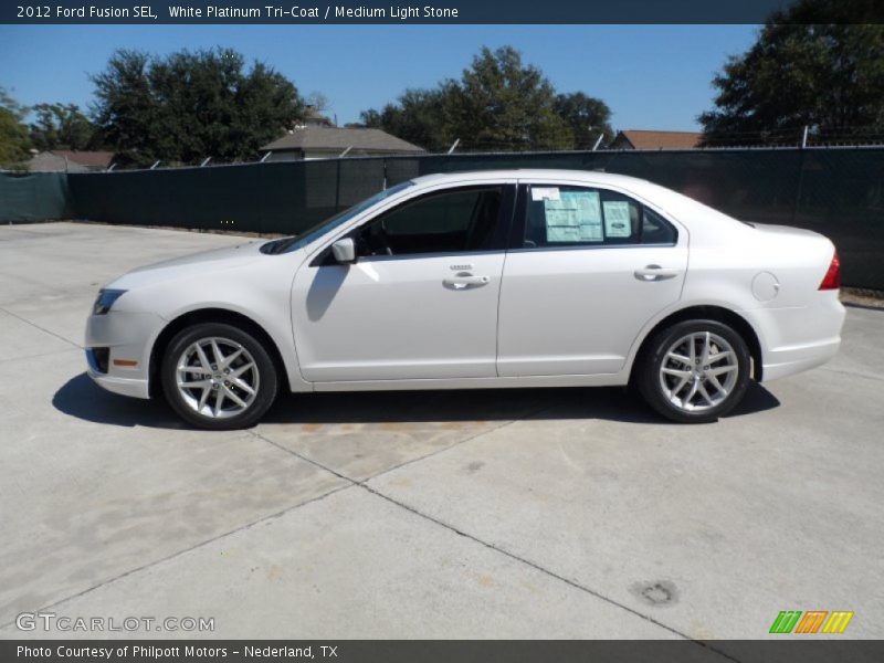 White Platinum Tri-Coat / Medium Light Stone 2012 Ford Fusion SEL