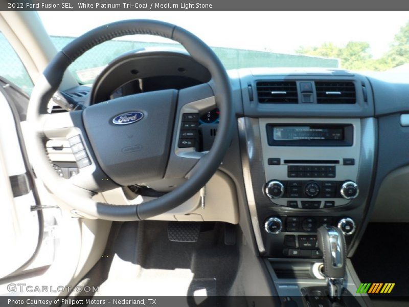 White Platinum Tri-Coat / Medium Light Stone 2012 Ford Fusion SEL