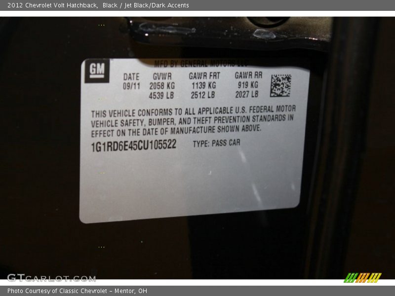 Info Tag of 2012 Volt Hatchback