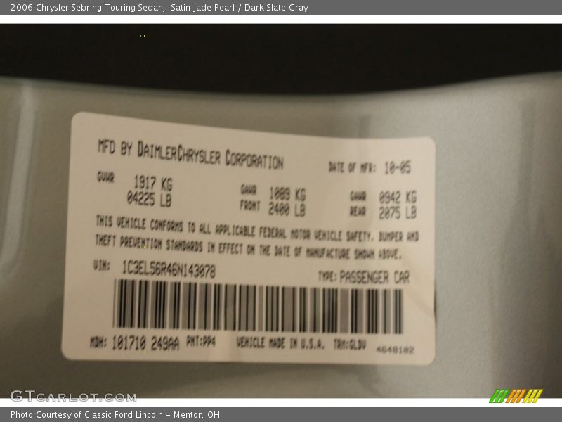 Satin Jade Pearl / Dark Slate Gray 2006 Chrysler Sebring Touring Sedan
