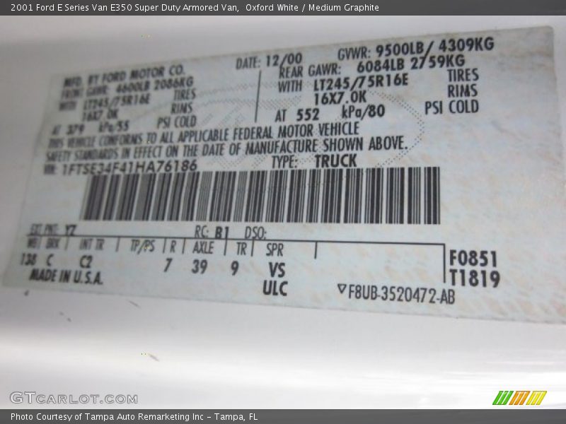 2001 E Series Van E350 Super Duty Armored Van Oxford White Color Code YZ