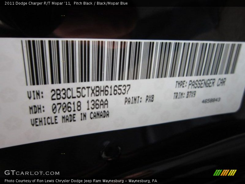 2011 Charger R/T Mopar '11 Pitch Black Color Code PX8