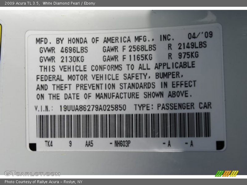 White Diamond Pearl / Ebony 2009 Acura TL 3.5