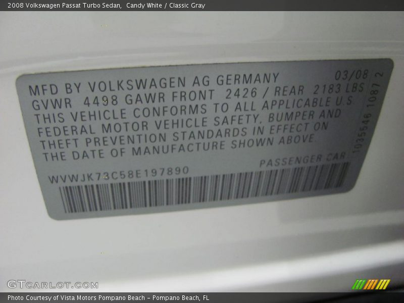 Candy White / Classic Gray 2008 Volkswagen Passat Turbo Sedan