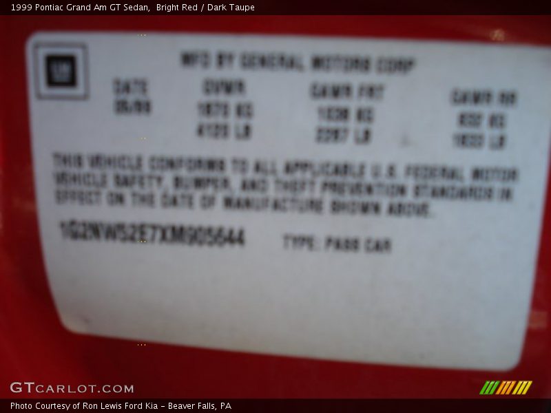 Bright Red / Dark Taupe 1999 Pontiac Grand Am GT Sedan