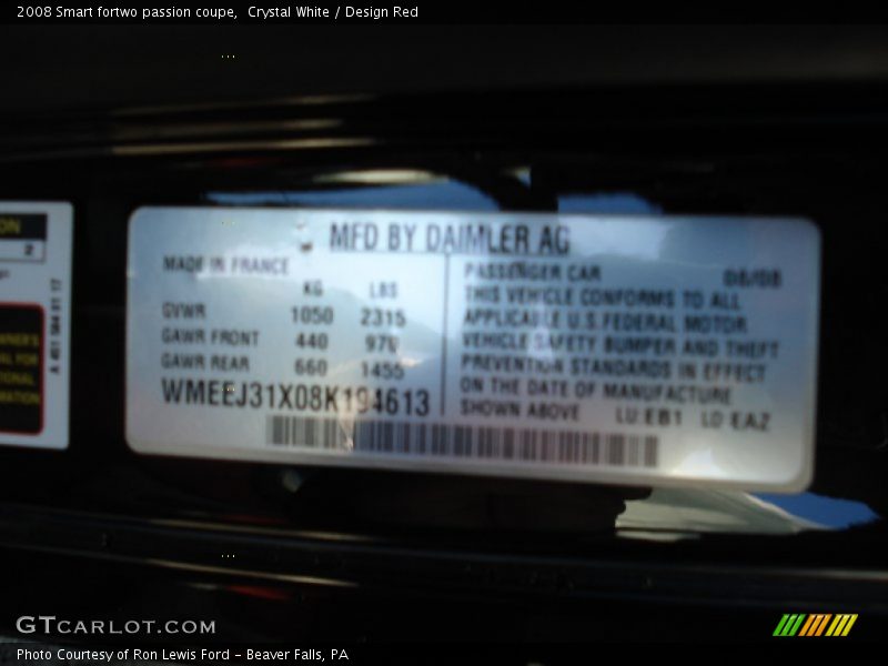 Info Tag of 2008 fortwo passion coupe