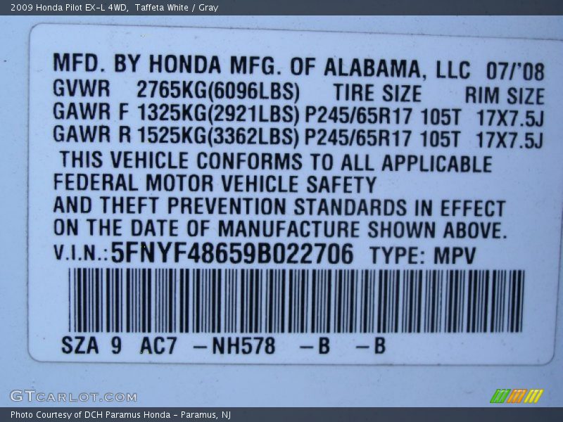 Taffeta White / Gray 2009 Honda Pilot EX-L 4WD