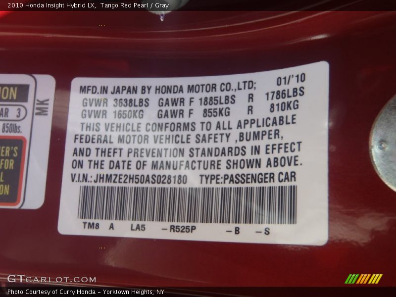 2010 Insight Hybrid LX Tango Red Pearl Color Code R525P