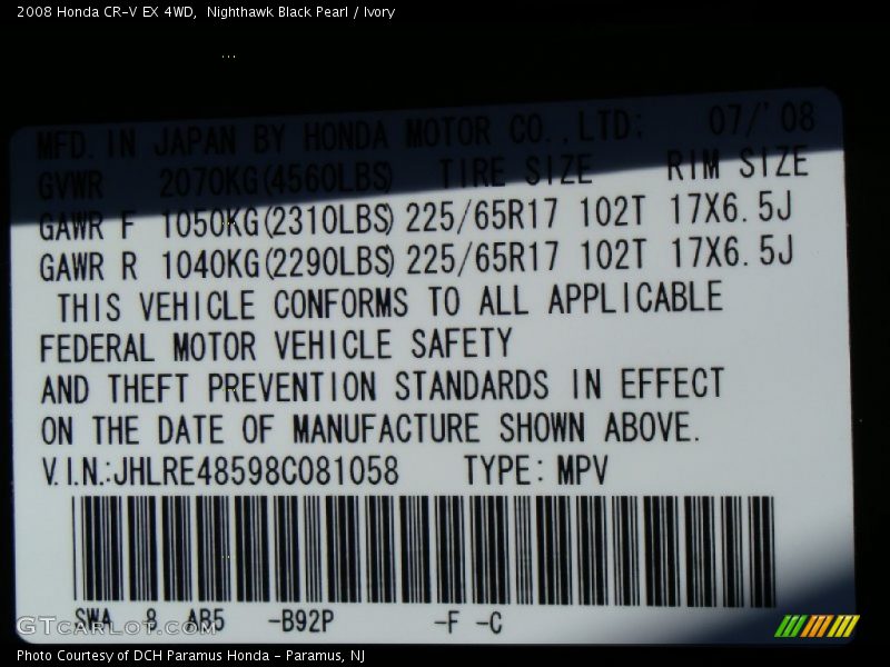 Nighthawk Black Pearl / Ivory 2008 Honda CR-V EX 4WD