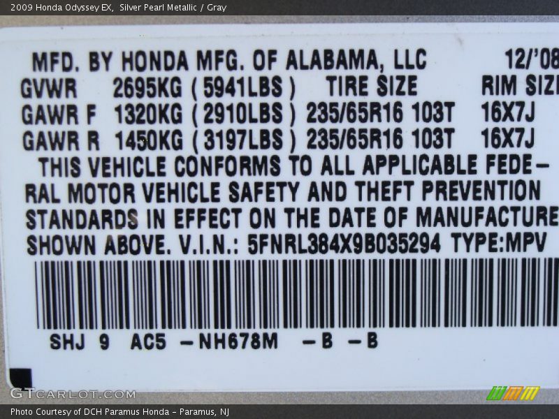 Silver Pearl Metallic / Gray 2009 Honda Odyssey EX