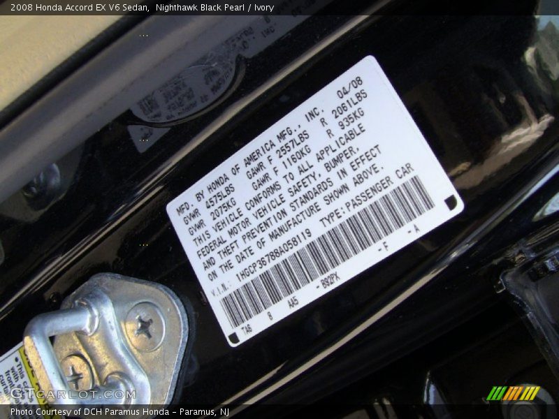 Nighthawk Black Pearl / Ivory 2008 Honda Accord EX V6 Sedan