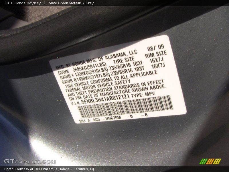 Slate Green Metallic / Gray 2010 Honda Odyssey EX