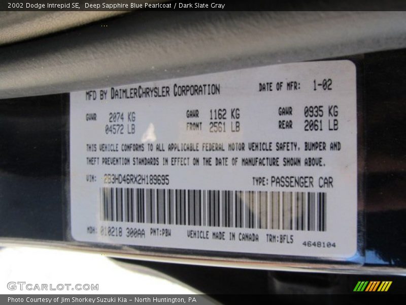 Deep Sapphire Blue Pearlcoat / Dark Slate Gray 2002 Dodge Intrepid SE