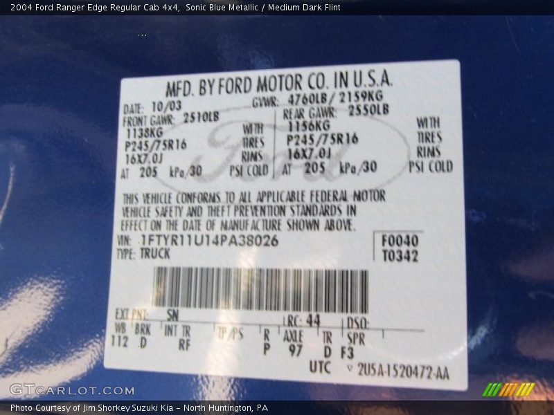 2004 Ranger Edge Regular Cab 4x4 Sonic Blue Metallic Color Code SN