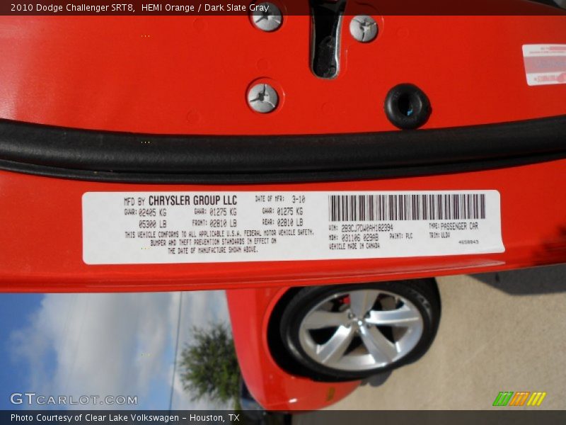 2010 Challenger SRT8 HEMI Orange Color Code PLC