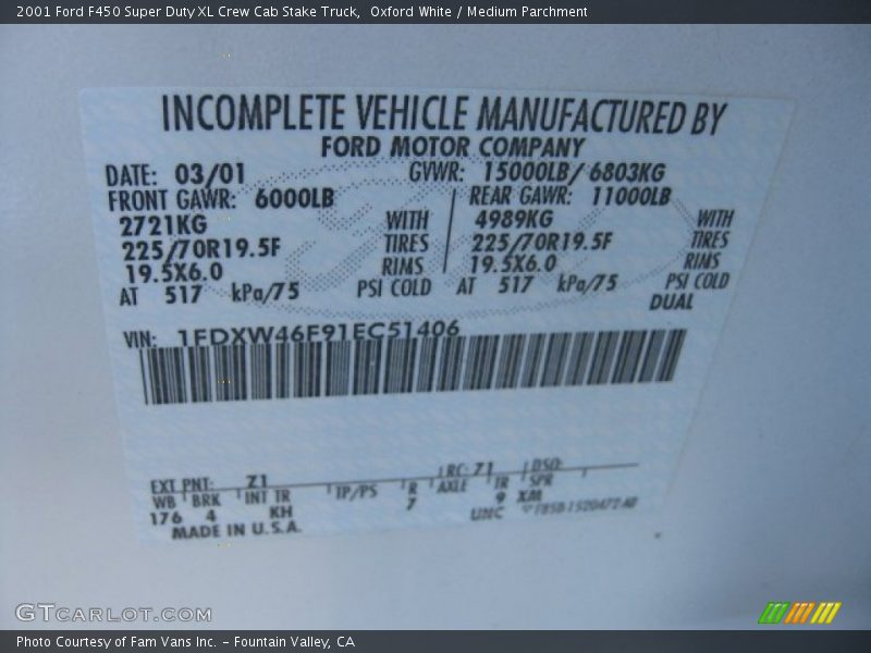 2001 F450 Super Duty XL Crew Cab Stake Truck Oxford White Color Code Z1