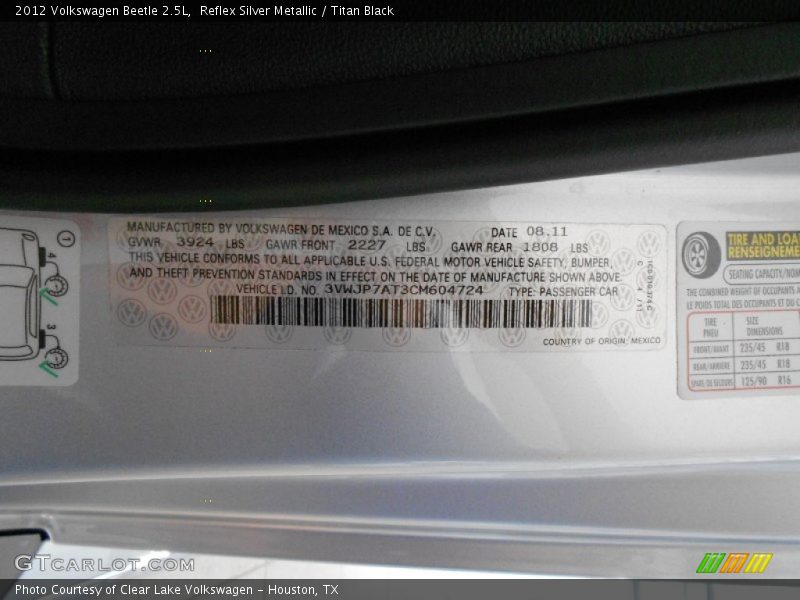 Reflex Silver Metallic / Titan Black 2012 Volkswagen Beetle 2.5L
