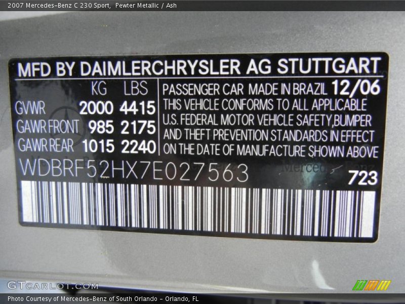 Pewter Metallic / Ash 2007 Mercedes-Benz C 230 Sport