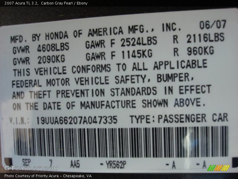 Carbon Gray Pearl / Ebony 2007 Acura TL 3.2