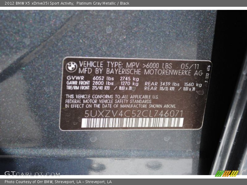 Platinum Gray Metallic / Black 2012 BMW X5 xDrive35i Sport Activity
