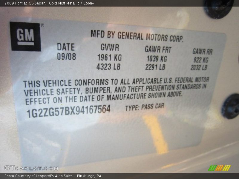 Gold Mist Metallic / Ebony 2009 Pontiac G6 Sedan