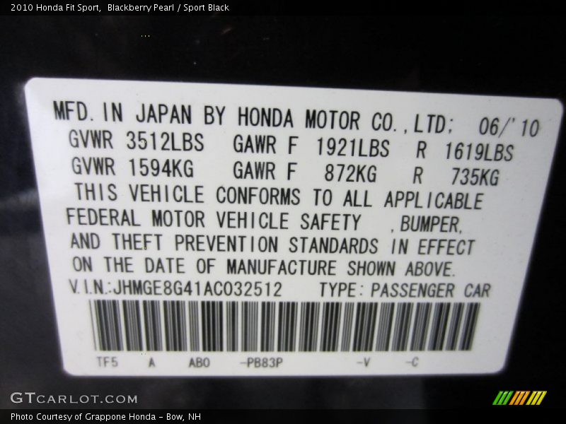 2010 Fit Sport Blackberry Pearl Color Code PB83P