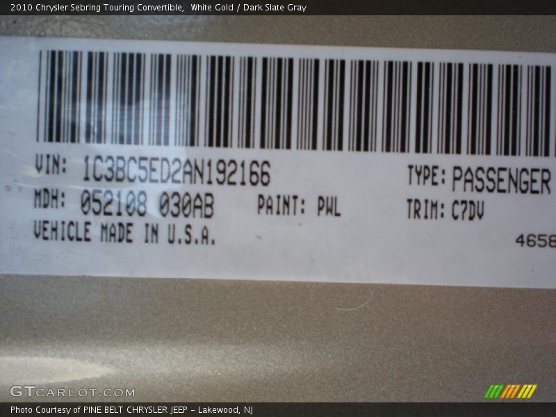 White Gold / Dark Slate Gray 2010 Chrysler Sebring Touring Convertible