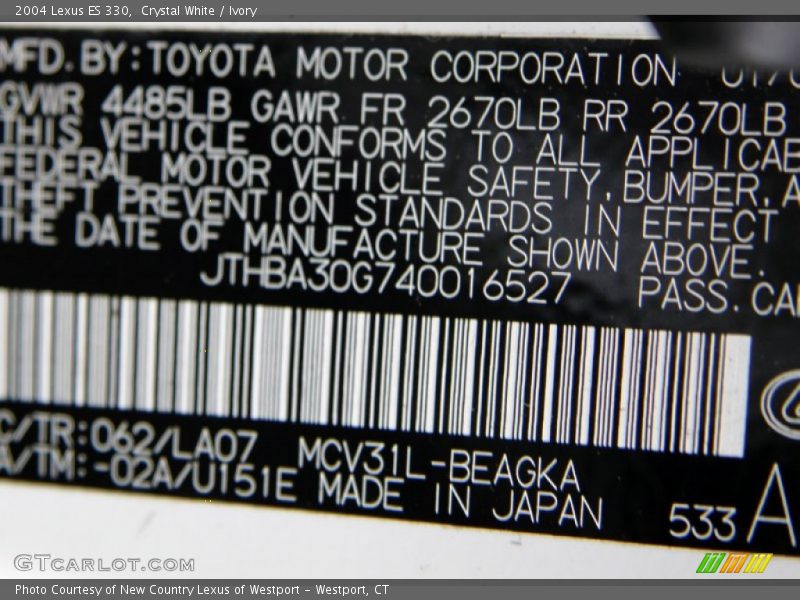 Crystal White / Ivory 2004 Lexus ES 330
