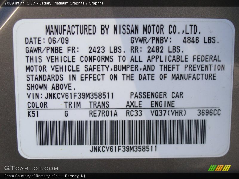 Platinum Graphite / Graphite 2009 Infiniti G 37 x Sedan