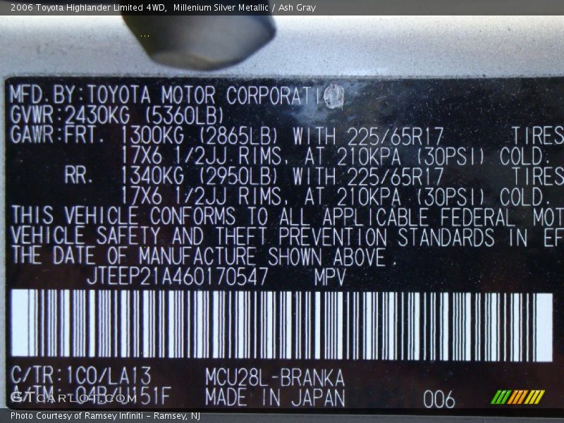 Millenium Silver Metallic / Ash Gray 2006 Toyota Highlander Limited 4WD