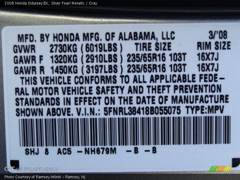 Silver Pearl Metallic / Gray 2008 Honda Odyssey EX