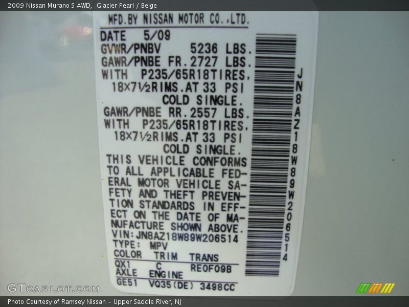 Glacier Pearl / Beige 2009 Nissan Murano S AWD