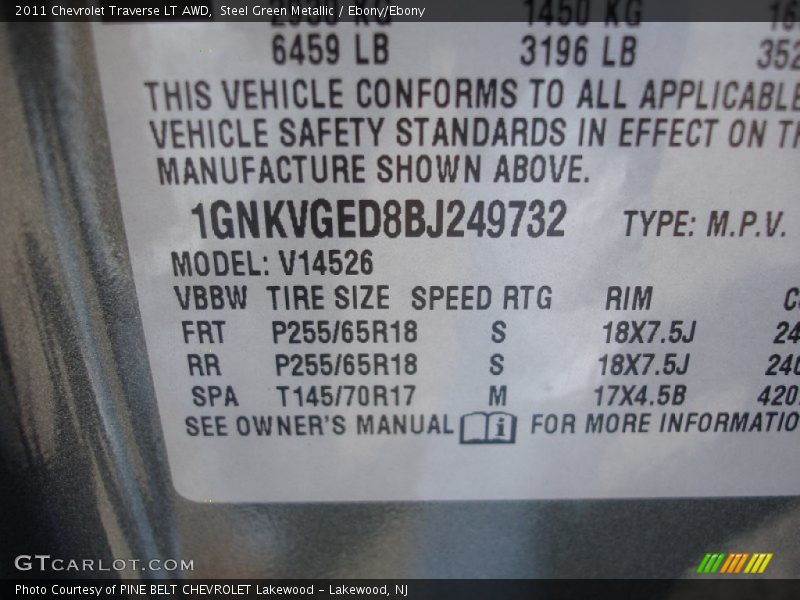 Steel Green Metallic / Ebony/Ebony 2011 Chevrolet Traverse LT AWD