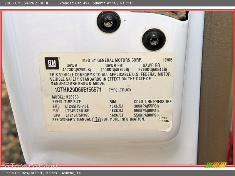 Info Tag of 2006 Sierra 2500HD SLE Extended Cab 4x4