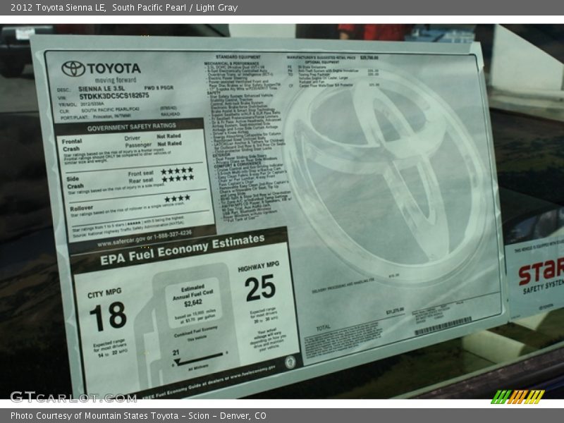  2012 Sienna LE Window Sticker
